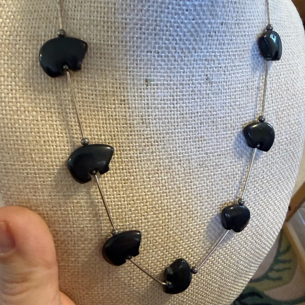 Chic Black Stone 925‎ Sterling Silver Stamped Necklace